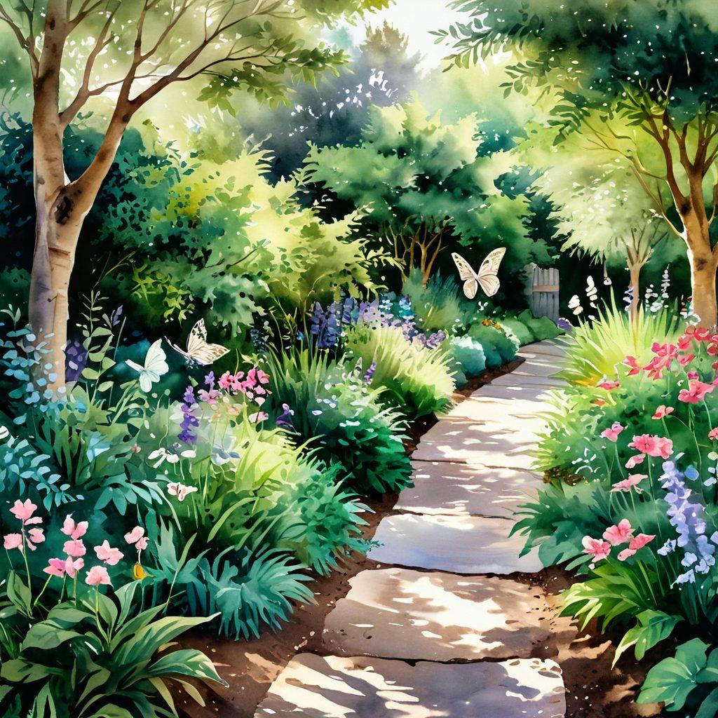 A serene pathway winding through a lush garden, symbolizing hope and healing for cancer patients and survivors. The scene features diverse individuals of various ages, interacting and supporting each other, with a soft light illuminating their faces and a butterfly fluttering nearby. Gentle, calming colors dominate the setting, inviting a sense of peace and resilience. watercolor painting. soft focus. vibrant colors.