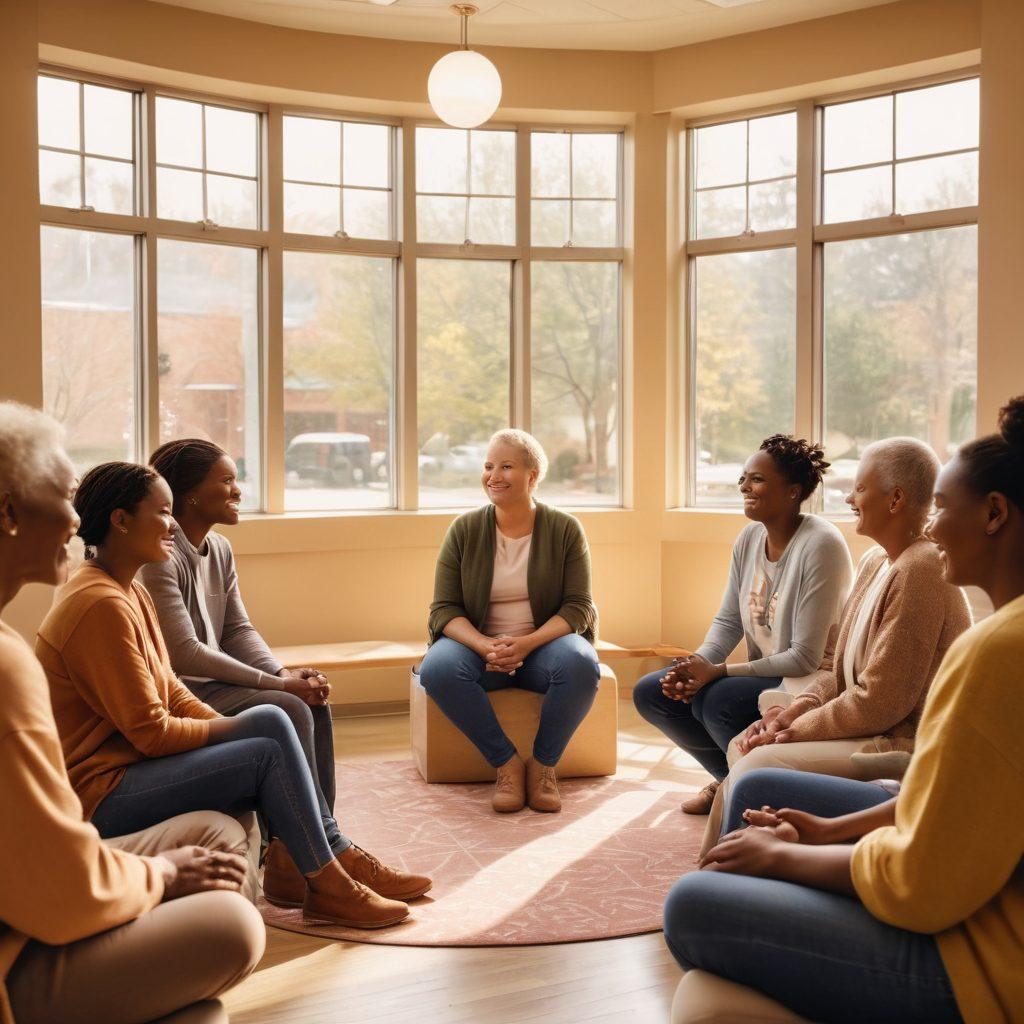A heartwarming scene of a diverse group of people sitting in a circle, sharing smiles and holding hands in a cozy community center. In the background, uplifting posters about hope and healing can be seen, with soft natural lighting filtering through large windows. The atmosphere is friendly and supportive, illuminating the power of connection in the face of oncology challenges. super-realistic. warm colors. soft-focus.
