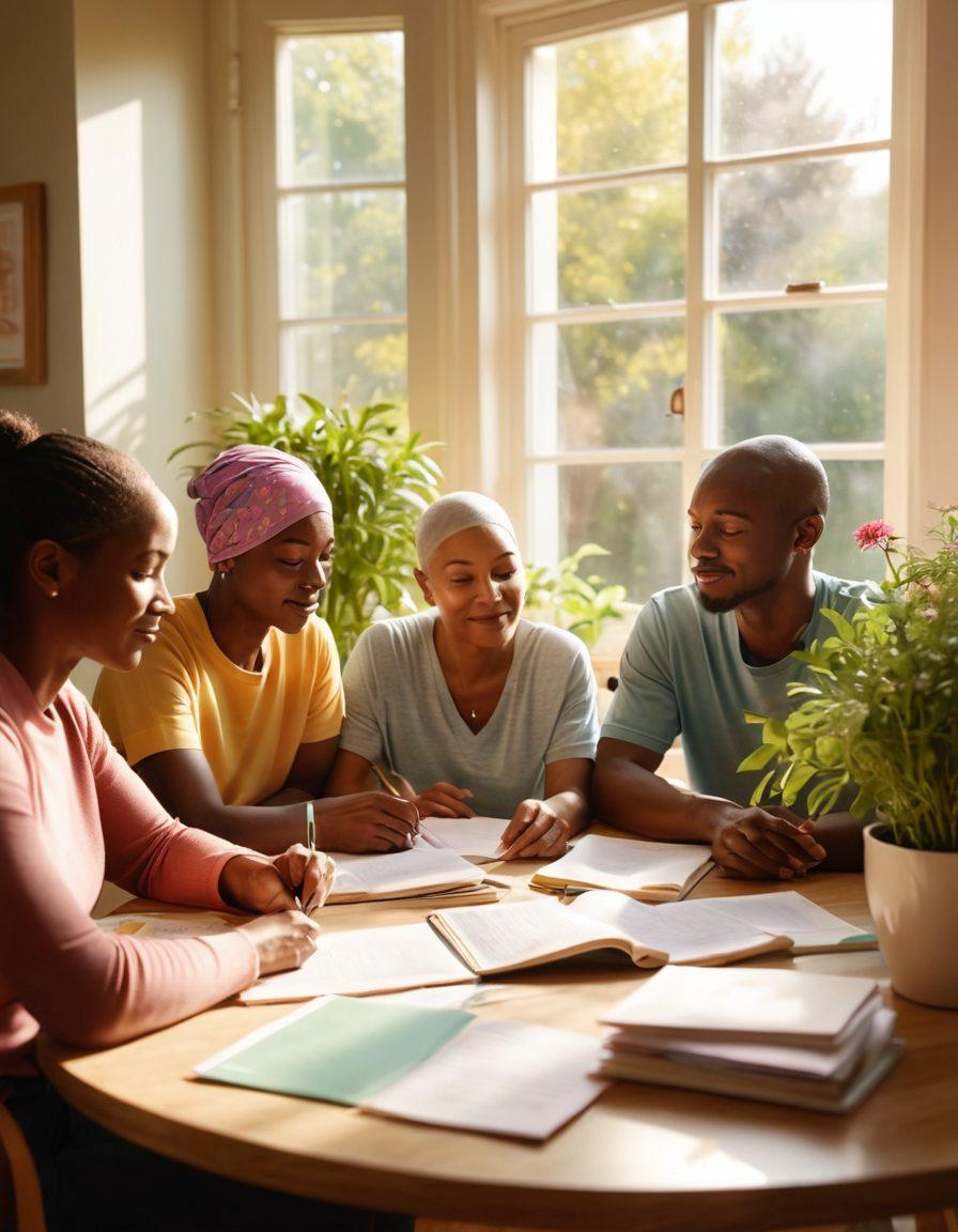 A serene scene depicting a diverse group of people, symbolizing support and empowerment, gathered around a table filled with educational materials on cancer care. Soft sunlight filters through a window, illuminating their faces as they share knowledge and hope. Include vibrant plants in the background to symbolize life and resilience. super-realistic. vibrant colors. warm tones.